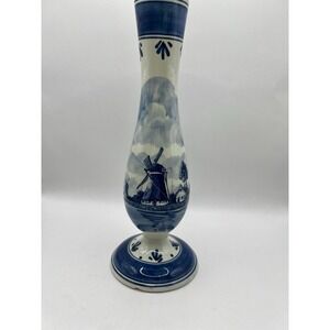 Vtg Vase Hand painted Delft & Blauw Windmill Floral Bud Porcelain Vase 9.5"
